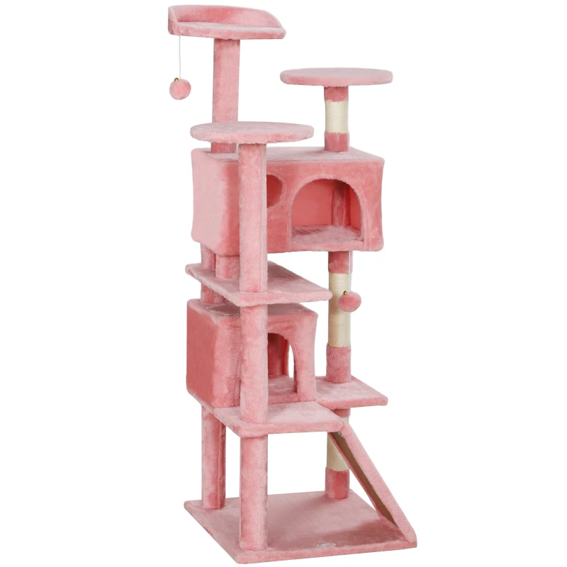 PawHut 54" Cat Tree, Multi-Level Cat Tower with Scratching Posts, Cat Condos, Bed, Platforms, Ramp, Toy Ball, Pink