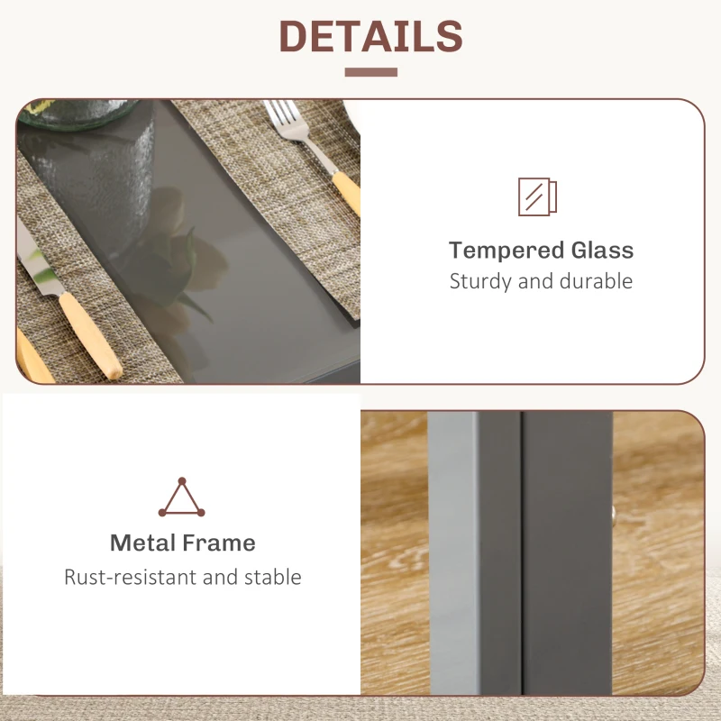 HOMCOM 3-Piece Rectangular Glass Kitchen Table and Chairs with Metal Frame and Faux Leather Upholstery for Dining Room, Grey