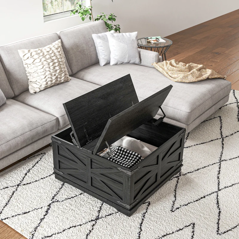 HOMCOM Farmhouse Coffee Table, Square Center Table with Flip-top Lids, Hidden Storage Compartment, Distressed Black