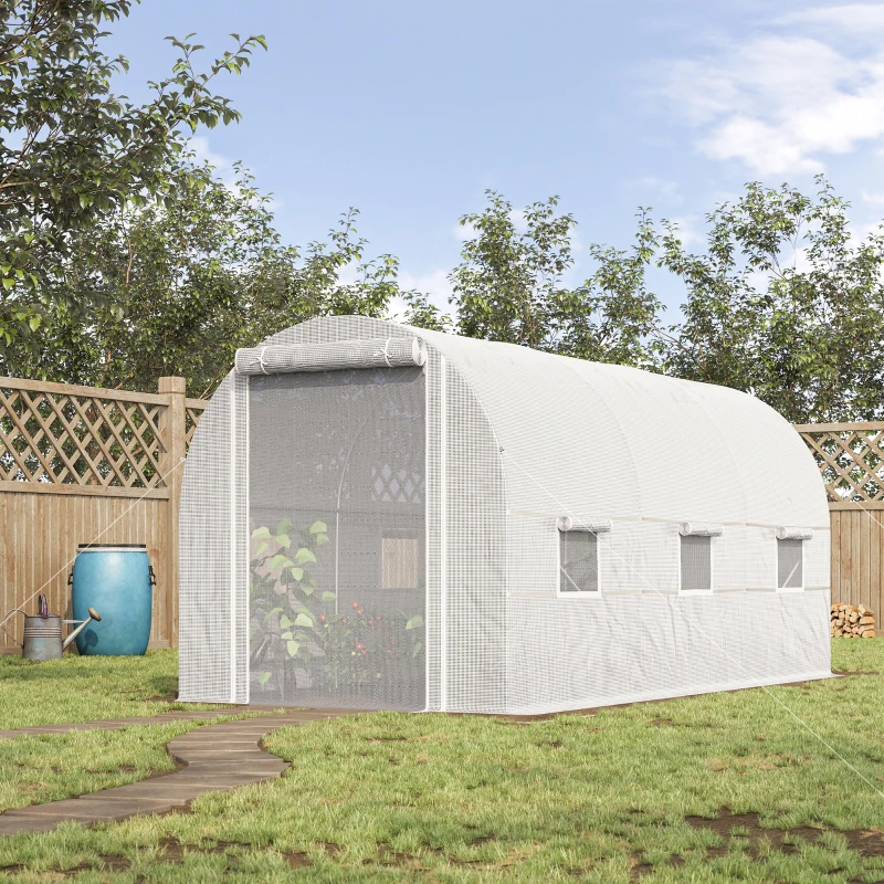 Outsunny 14.6' x 6.6' x 6.6' Walk-In Tunnel Greenhouse, Large Garden Hot House Kit with 6 Roll-up Windows & Roll Up Door, Steel Frame, White
