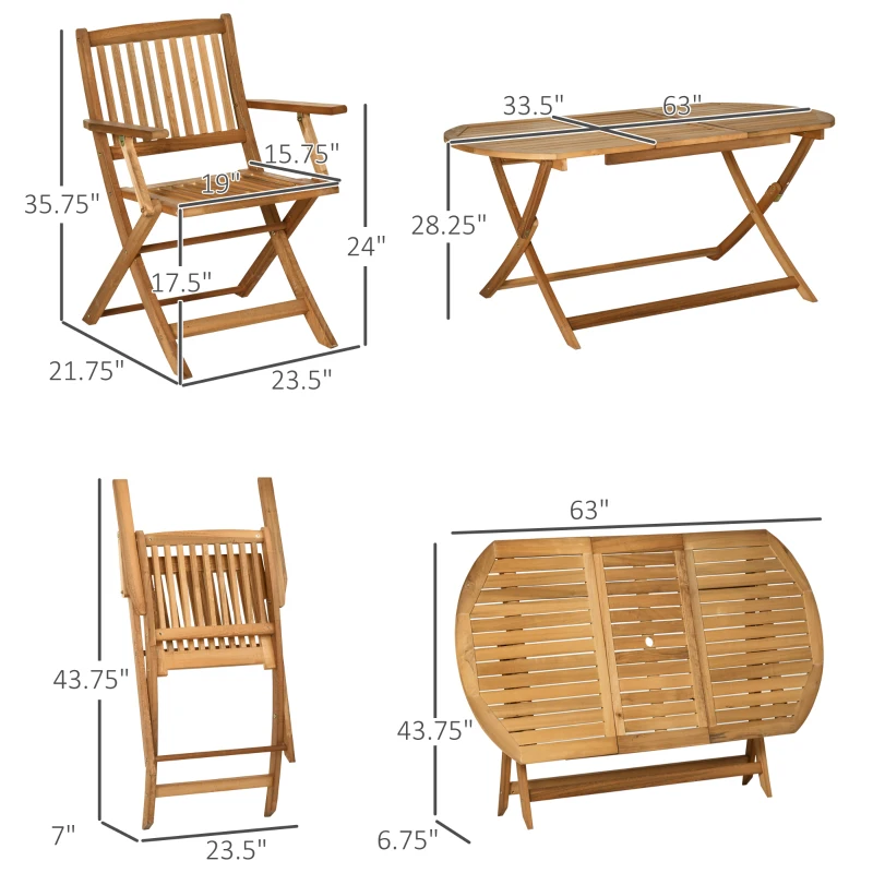 Outsunny 7 Piece Wood Patio Dining Set for 6, Dining Table and Chairs Set with Umbrella Holes, Folding Outdoor Patio Furniture, Teak