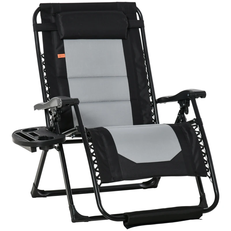 Outsunny Foldable Outdoor Lounge Chair with Footrest, Oversized Padded Zero Gravity Lounge Chair with Headrest, Side Tray, Cup Holders, Armrests for Camping, Lawn, Garden, Black