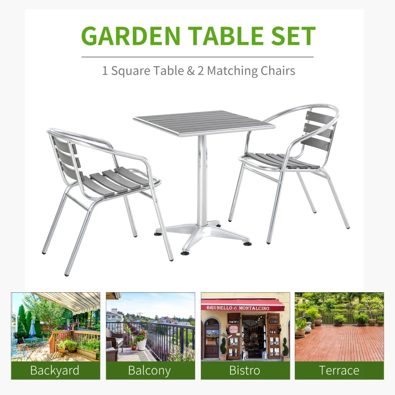 Outsunny 3-Piece Outdoor Patio Bistro Table Set with Aluminum Frame, Woodgrain-Style Tabletop & Draining Slat Design