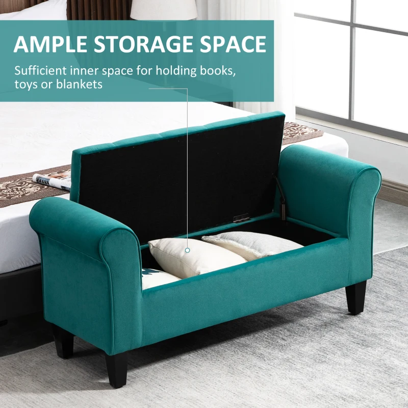 HOMCOM Button-Tufted Storage Ottoman Bench, Upholstered Bench with Rolled Armrests for Living Room or Hallway, Green
