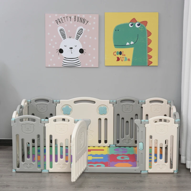 Qaba 14-Piece Indoor Safety Children Baby Playpen with Game Piece, Opening Gate & Flexible Design for Peace of Mind