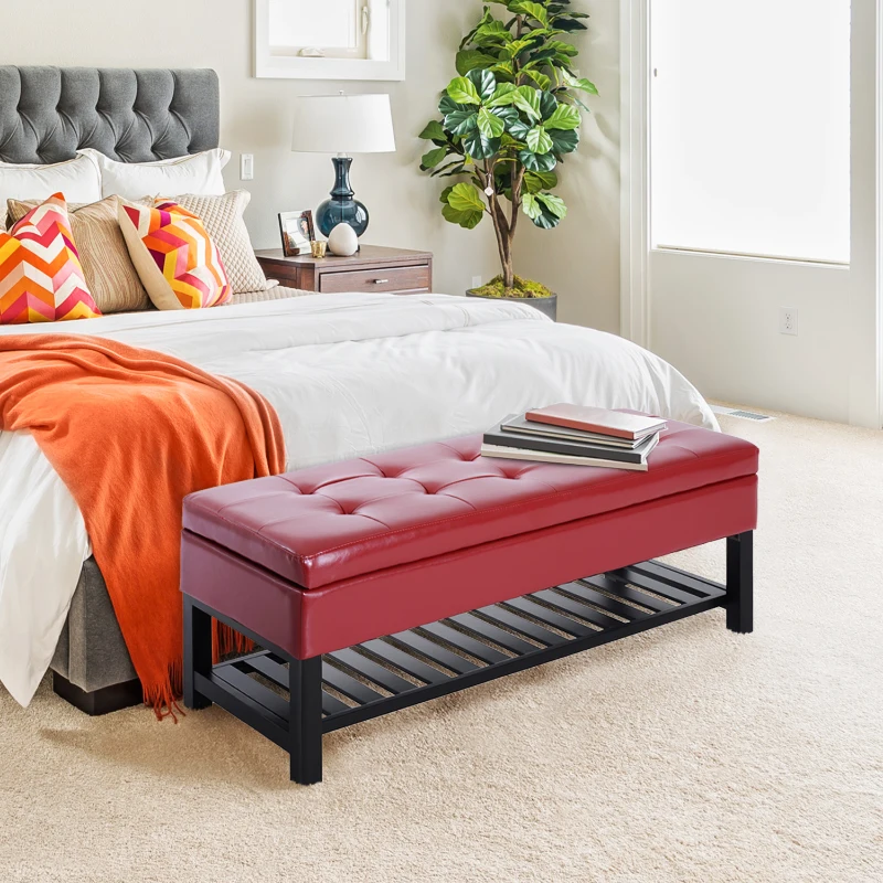HomCom 44" Tufted Faux Leather Ottoman Storage Bench With Shoe Rack- Crimson Red