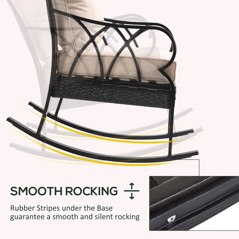 Outsunny 3-Piece Rocking Chair Bistro Set, Wicker Conversation Set, Rattan Furniture Set with Tempered Glass Side Table, Khaki