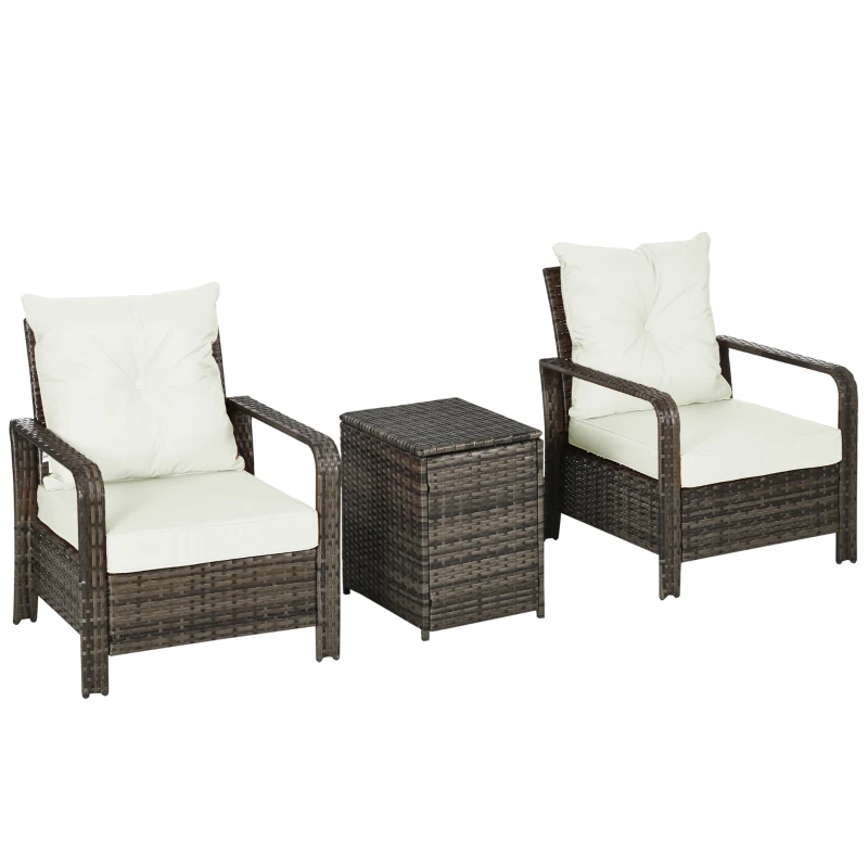 Outsunny 3 Piece Patio Furniture, PE Wicker Storage Table & Chairs, Beige