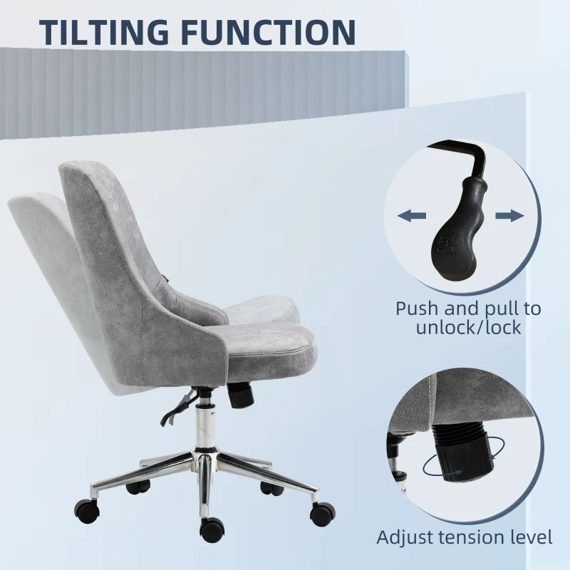 Vinsetto Armless Task Chair, Mid-back Desk Chair, Microfiber Home Office Chair with Adjustable Height, Tilt, Swivel Function, Vanity Chair with Wheels, Light Grey