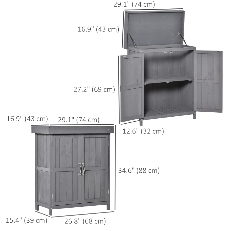 Outsunny Wooden Garden Tool Storage Shed Kit with Hinged Roof, 2-Tier Shelves and Double Doors, 74x43x88cm, Dark Grey