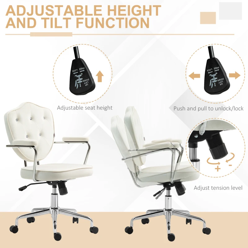HOMCOM Cute Office Chair, Desk Chair with Button Tufted Velvet-Feel Fabric, Swivel Computer Vanity Chair, Cream White