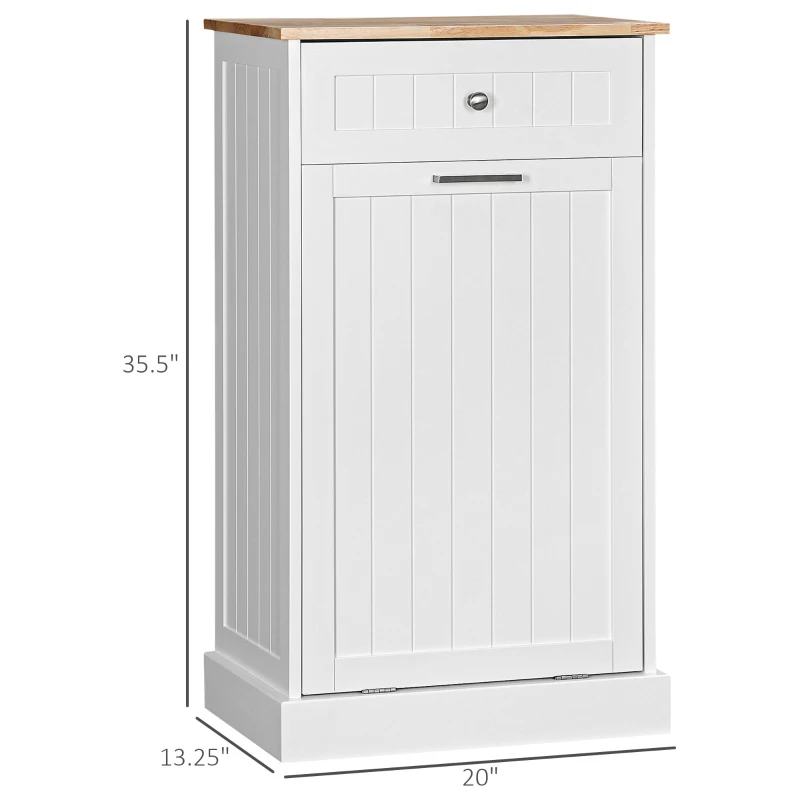 HOMCOM Kitchen Tilt Out Trash Bin Cabinet Free Standing Recycling Cabinet Trash Can Holder With Drawer, White