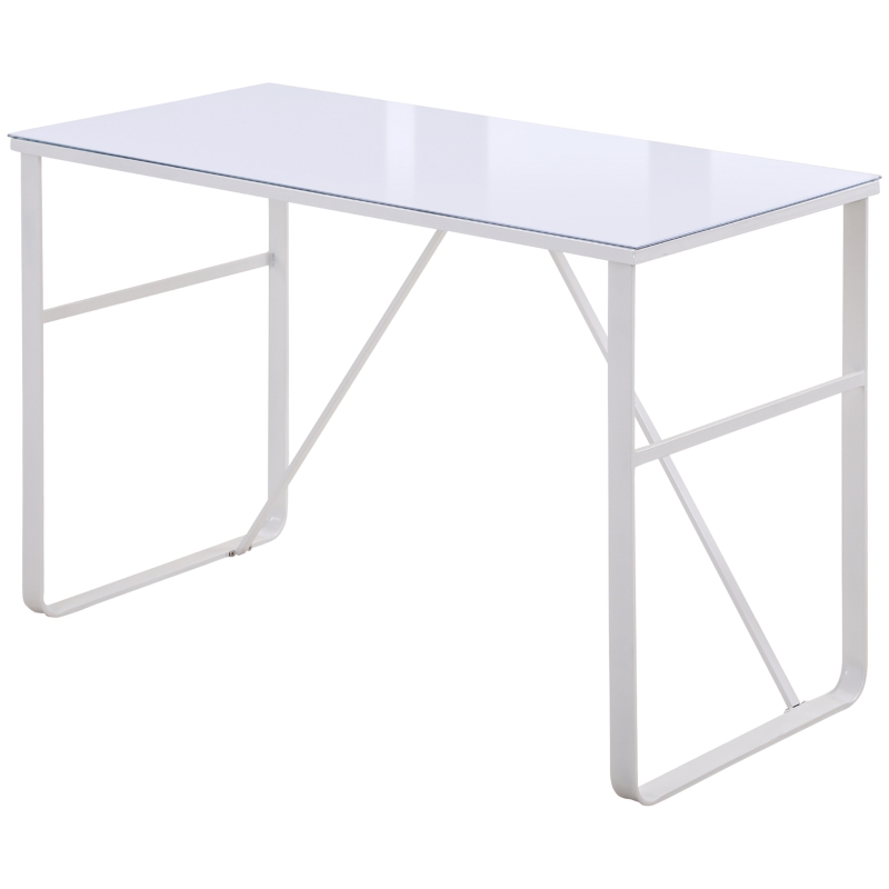 HOMCOM Office Table Glass Top Writing Desk Home Working Station Gaming Desk Metal Frame Easy Assembly, White