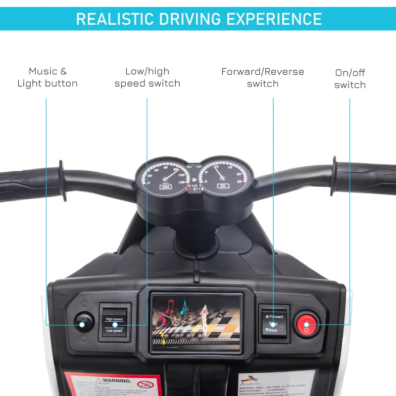 Aosom 6V Kids Motorcycle Dirt Bike Electric Battery-Powered Ride-On Toy Off-road Street Bike with Music, Headlights, Rechargeable Battery, Training Wheels, for Ages 2-4, White