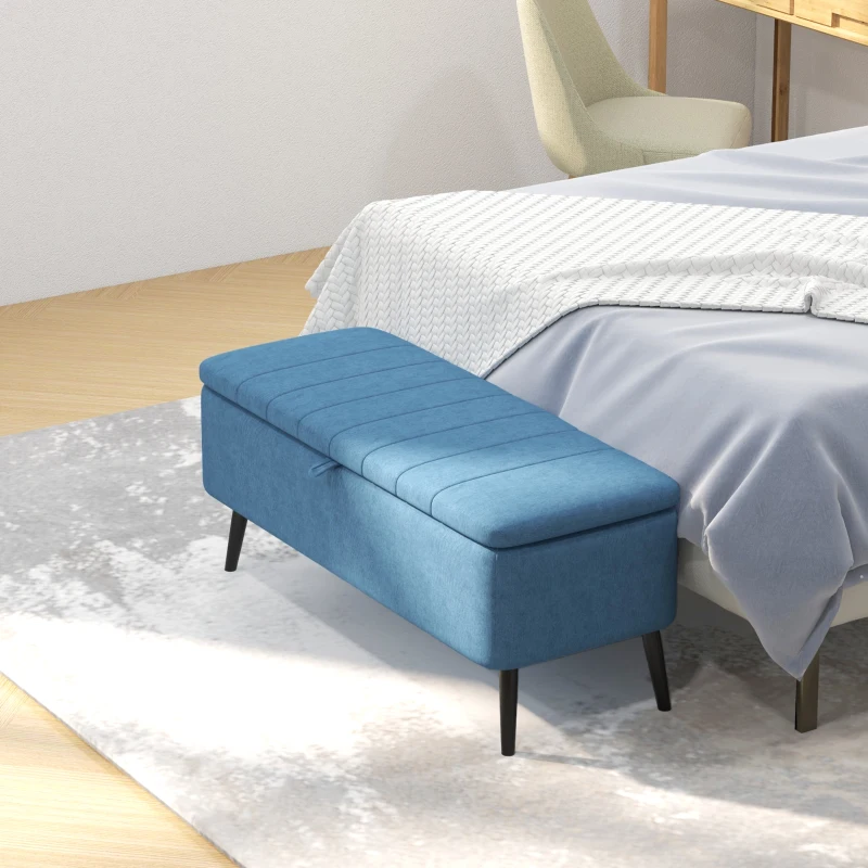 HOMCOM 40" Ottoman with Storage, Linen Upholstered Storage Ottoman Bench with Steel Legs for Living Room, Bedroom Dark Blue