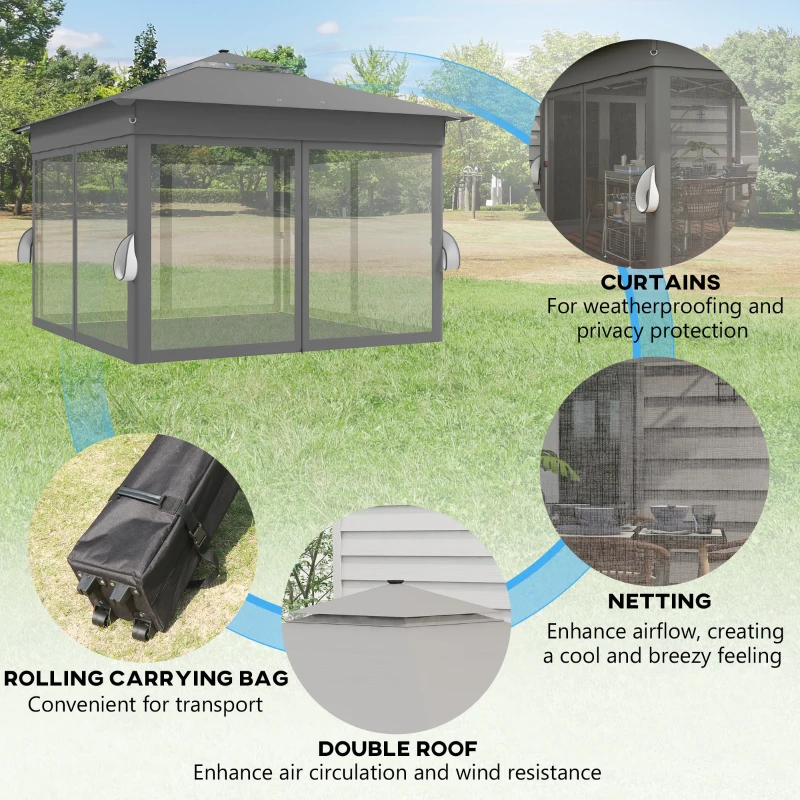 Outsunny 11x11FT Pop Up Canopy, Solar-Powered LED Lights, Netting, Roller Bag, Height Adjustable Instant Sun Shelter