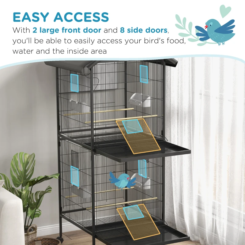 PawHut Wrought Metal Bird Cage Feeder with Rolling Stand Perches Food Containers Doors Wheels 67" H, Black