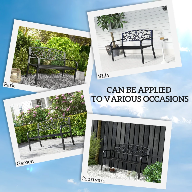 Outsunny 50" Outdoor Bench, Metal Garden Bench with Floral Pattern Backrest, Porch Bench with Slatted Seat for Park, Yard, Lawn, Black