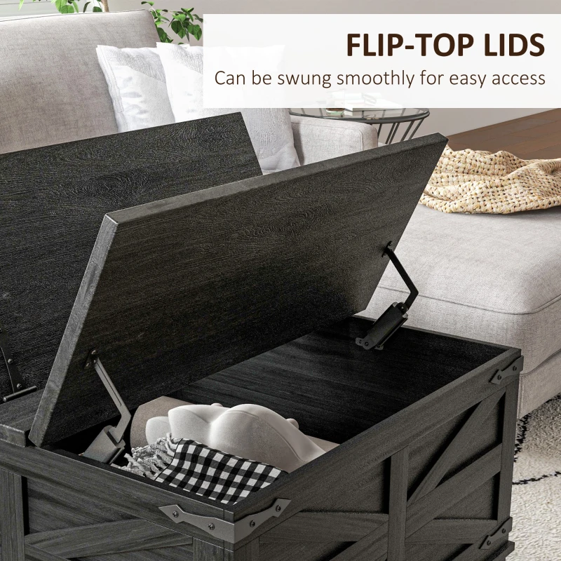 HOMCOM Farmhouse Coffee Table, Square Center Table with Flip-top Lids, Hidden Storage Compartment, Distressed Black
