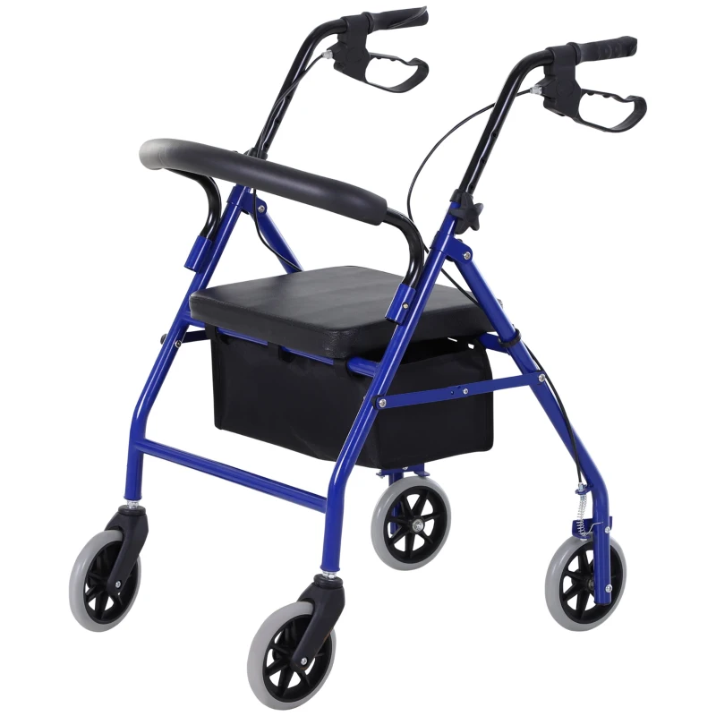 HOMCOM Folding Aluminum Rollator Walker with Adjustable Handle Height, Cushioned Flip Up Seat and Convenient Storage Bag, Rolling Wheels with 2 Barker, Blue