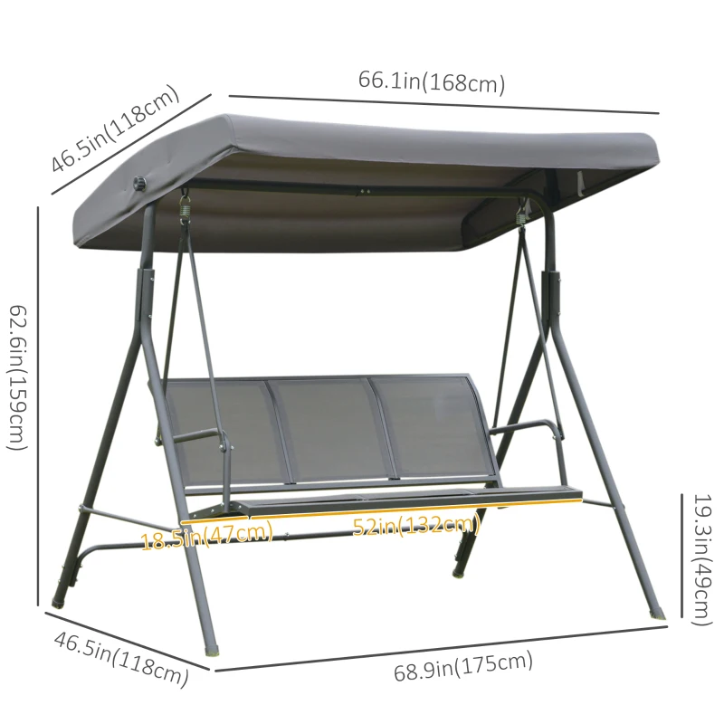 Outsunny 3-Seater Swing Chair Covered Garden Hammock A-Frame Outdoor Porch Glider Sling Seat with Adjustable Canopy Cover, Grey