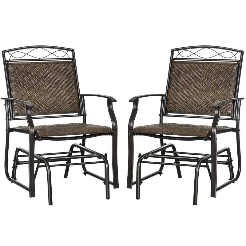 Outsunny Set of 2 Outdoor Glider Chairs, Porch & Patio Rockers for Deck with PE Rattan Seats, Steel Frames for Garden, Backyard, Poolside, Brown
