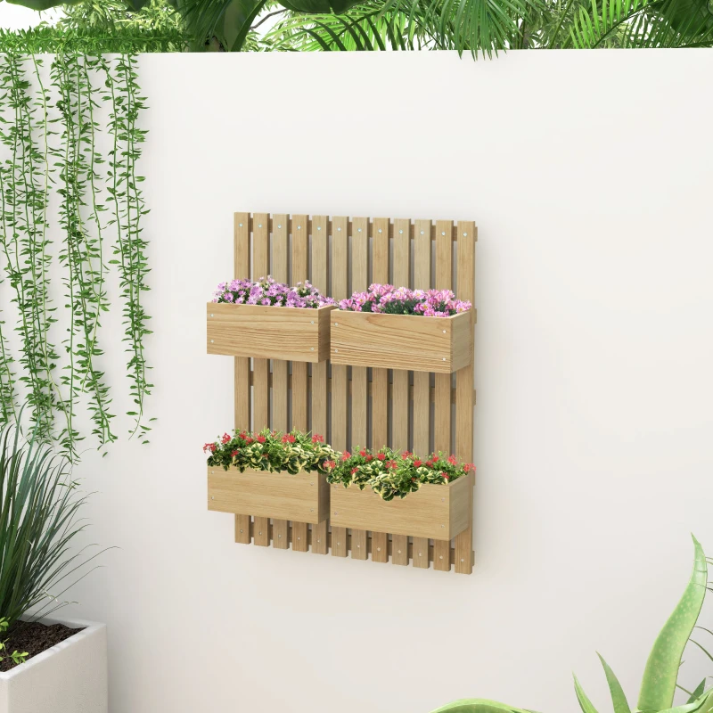 Outsunny 4 Box Raised Garden Bed w/ Trellis for Climbing Plants, Wall-Mounted Wood Planters w/ Drainage Holes, Natural