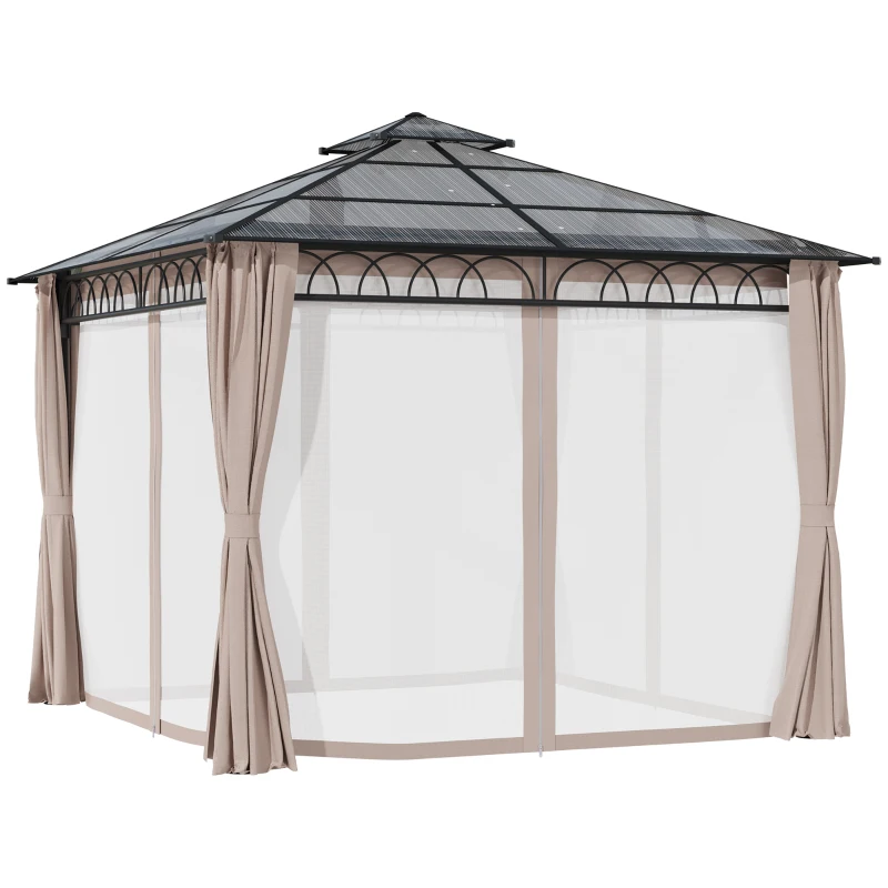 Outsunny 9' x 10' Outdoor Hardtop Gazebo Canopy w/ Double PC Roof, Steel Frame, Nettings, Curtains for Garden Lawn Deck, Khaki