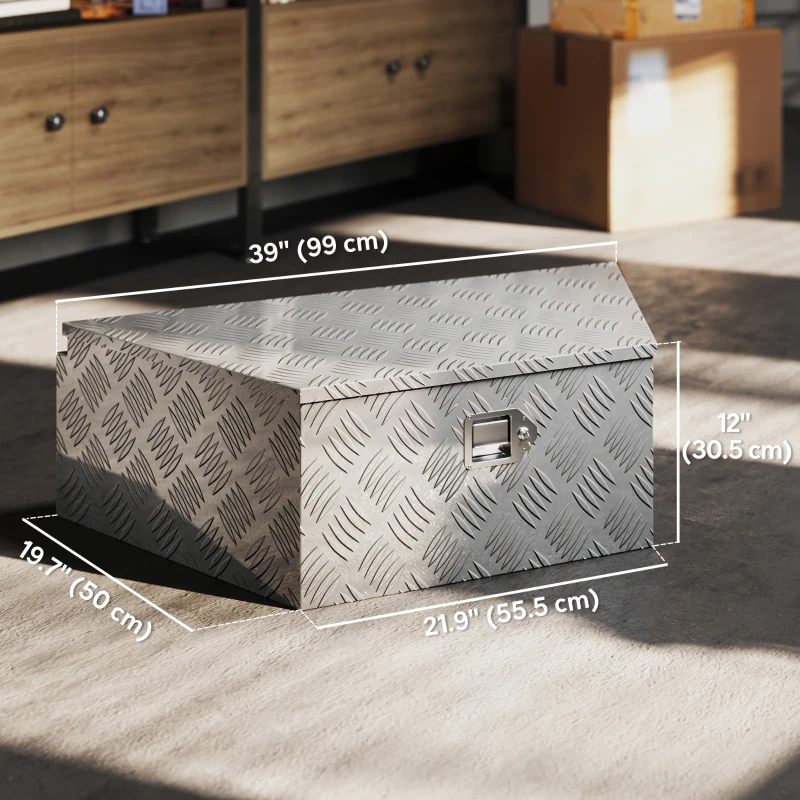 HOMCOM 39" Trapezoid Truck Tool Box Heavy Duty Aluminum Trailer Tongue Box with Lock and Keys for Pick Up Truck RV Trailer