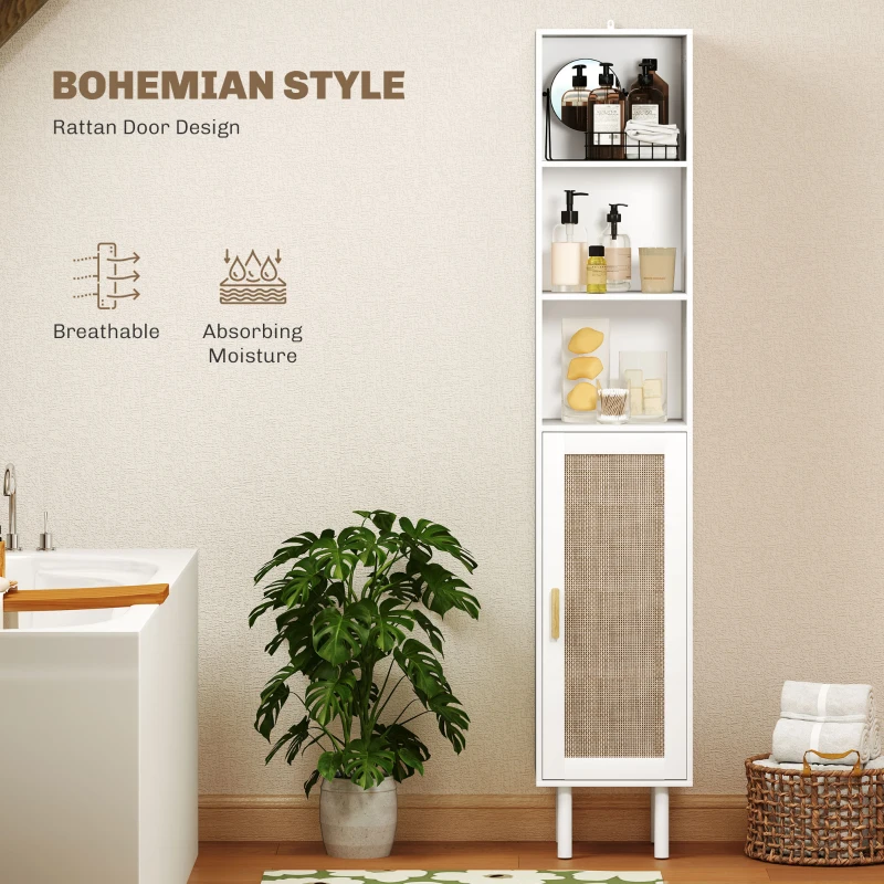 HOMCOM Tall Bathroom Cabinet with Rattan Doors, Freestanding Bathroom Storage Cabinet with Adjustable Shelves, White