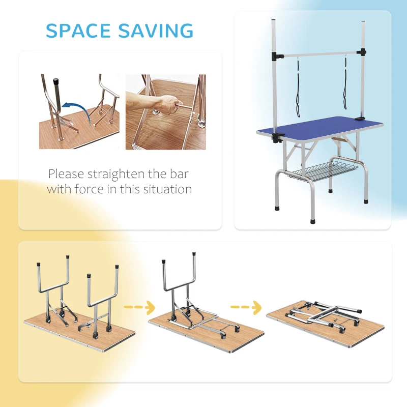 PawHut Adjustable Dog Grooming Table with 2 Safety Slings, Storage Basket, Blue