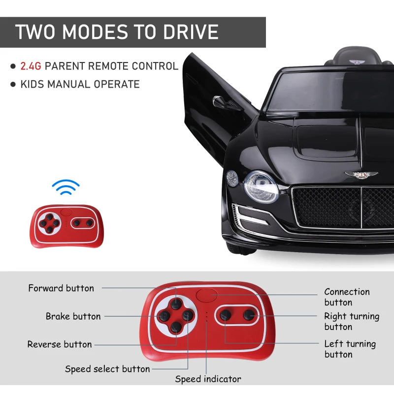 Aosom 12V Ride On Car Licensed Bentley Battery Powered Electric Vehicles w/ Parent Remote Control, 2 Speed - Black