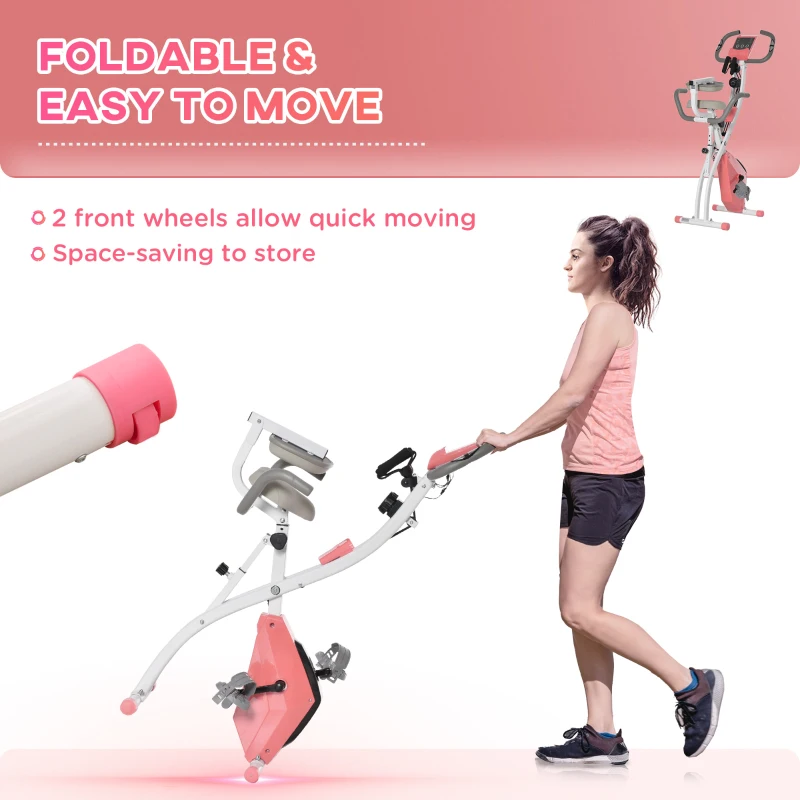 Soozier 3 in 1 Folding Exercise Bike, Foldable Stationary Bike with 8-Level Magnetic Resistance, Adjustable Seat, Pink