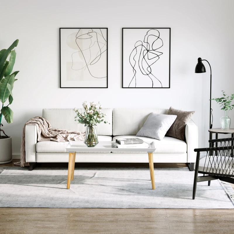 HOMCOM Coffee Table with Tray Top, Nordic Center Table with Pine Wood Legs, Rectangle Coffee Tables for Living Room, White