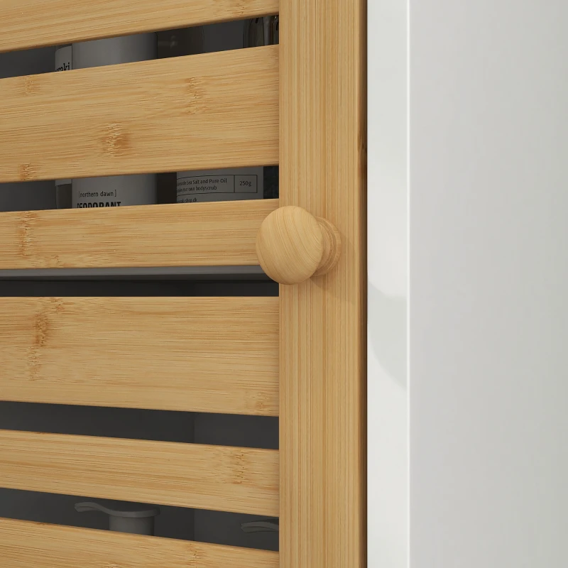 HOMCOM Tall Bathroom Cabinet with Bamboo Doors, Bathroom Storage Cabinet with Adjustable Shelves and Open Compartments, White