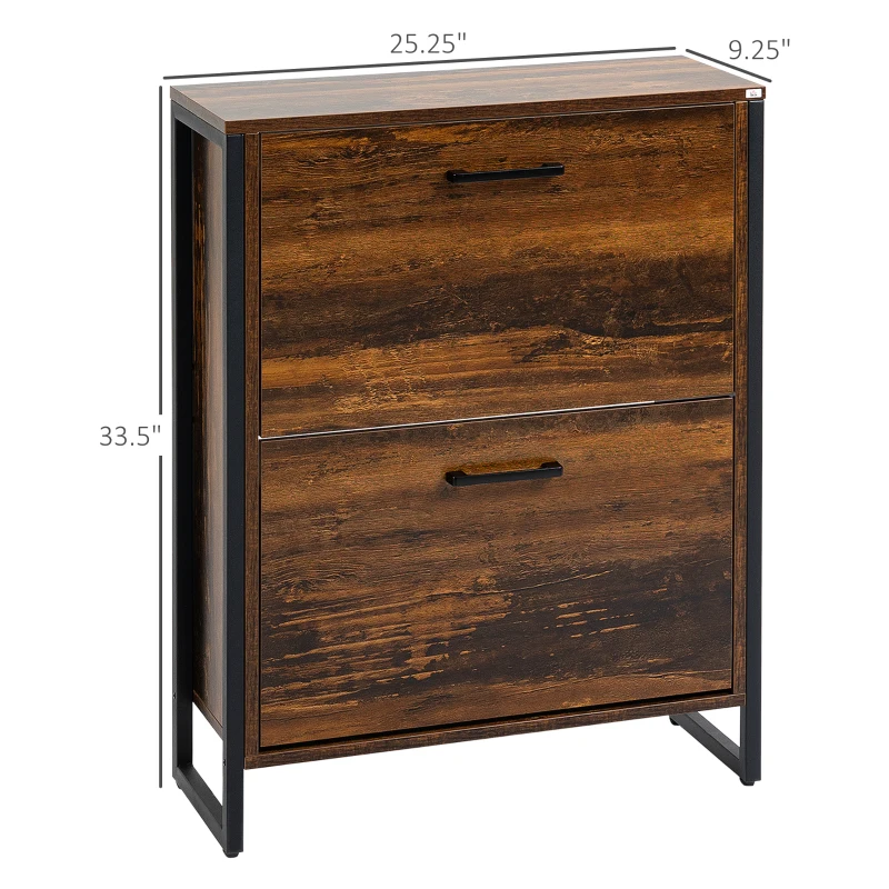 HOMCOM Industrial Shoe Cabinet with 2 Flip Drawers, Freestanding Shoe Storage Cabinet for 12 Pairs, Narrow Slim Shoe Rack for Entryway, Hallway, Rustic Brown