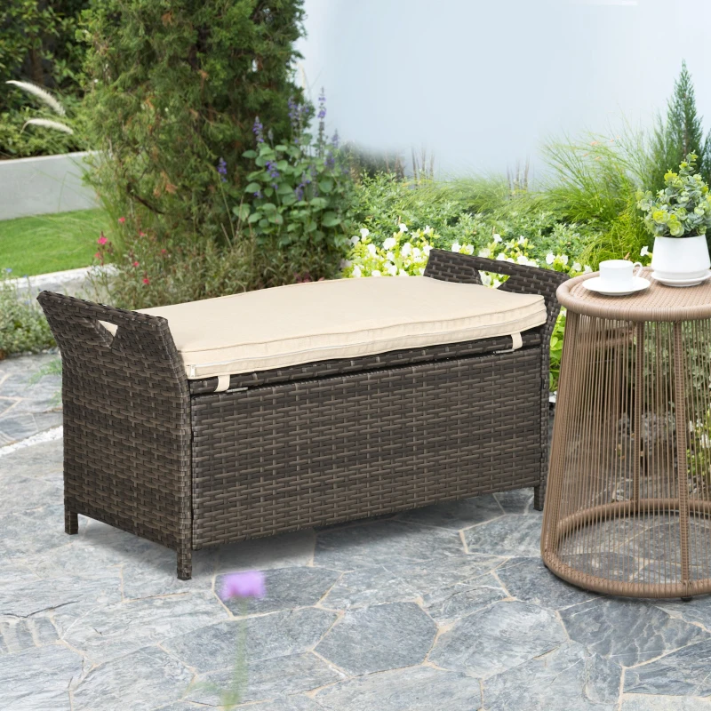 Outsunny 29 Gallon Patio Wicker Storage Bench, Outdoor PE Rattan Patio Furniture, 2-In-1 Large Capacity Rectangle Garden Storage Box with Handles and Cushion, Cream White