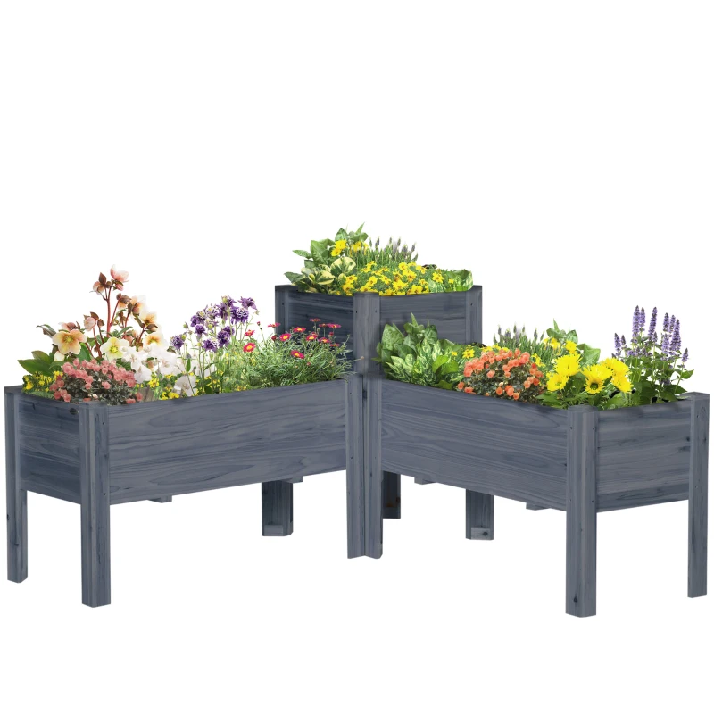 Outsunny Raised Garden Bed Set of 3, Elevated Wood Planter Box with Legs and Bed Liner for Backyard and Patio to Grow Vegetables, Herbs, Gray