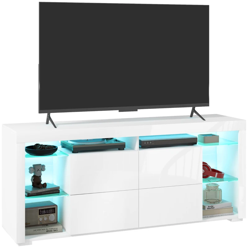 HOMCOM TV Stand with LED Lights for TVs up to 55", High Gloss TV Cabinet with Flip Doors and Glass Shelves, White