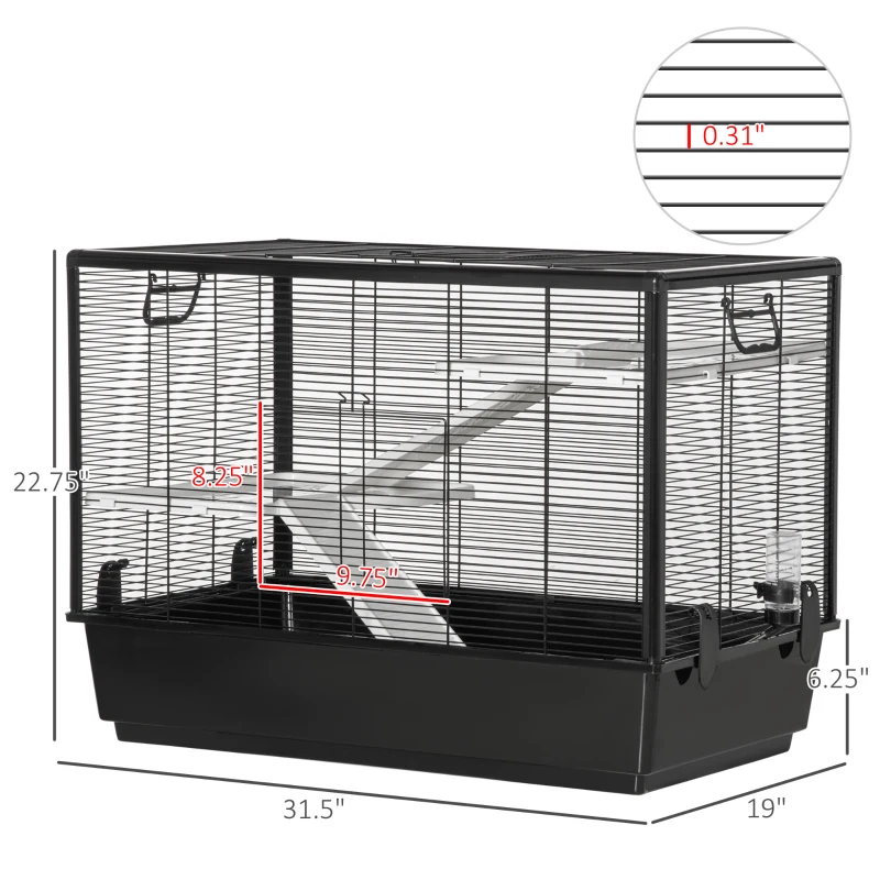 PawHut Hamster Cage, 3-tier Guinea Pig Cage, Pet Play House for Chinchillas with Food Dish Water Bottle, Ramps, Ledges, 31.5", Black