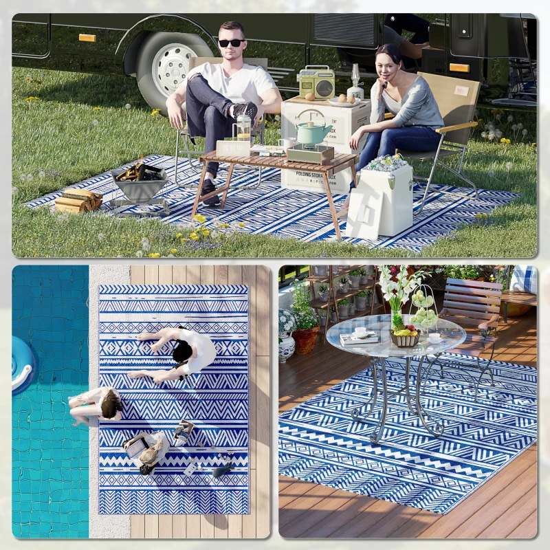 Outsunny Reversible Outdoor Rug, Patio Floor Mat, 6' x 9' Plastic Rug for Backyard, Deck, Beach, Camping, Dark Blue and White