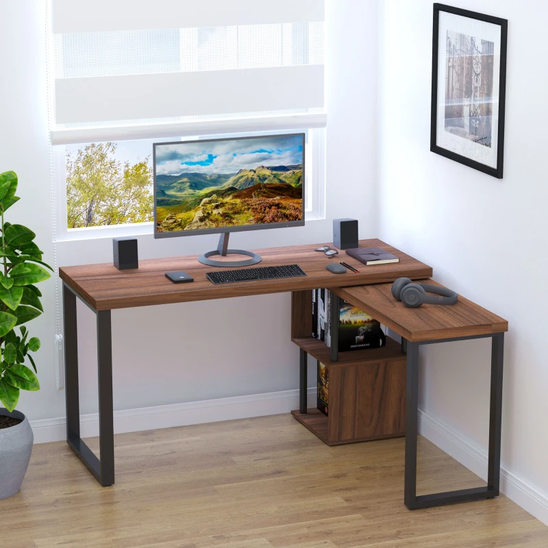HOMCOM Corner Rotating L-Shaped Office Table Computer Desk with Storage Shelf Brown