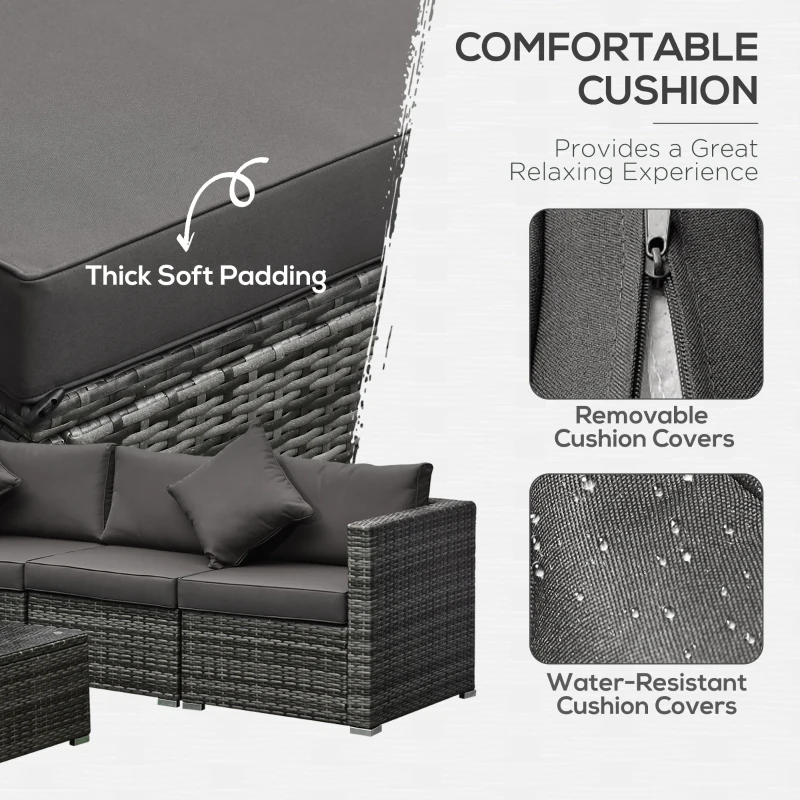 Outsunny 6 Piece Patio Furniture Set Outdoor Wicker Conversation Set All Weather PE Rattan Sectional Sofa Set with Ottoman, Cushions and Tempered Glass Table, Mixed Gray and Charcoal