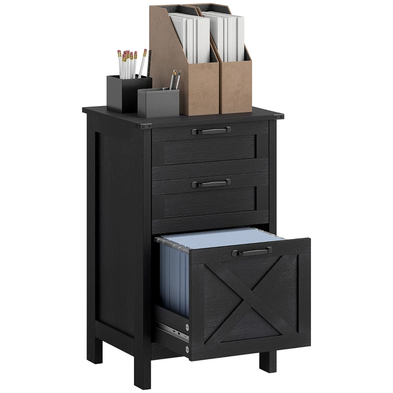 HOMCOM Vertical File Cabinet with 3 Drawers, Rustic Farmhouse Office Storage Cabinet for A4, Letter Size, Distressed Black