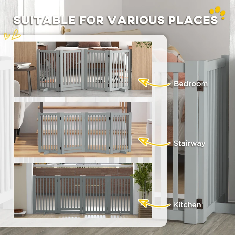 PawHut 4 Panel Free Standing Wooden Pet Gate with Open Door Light Grey