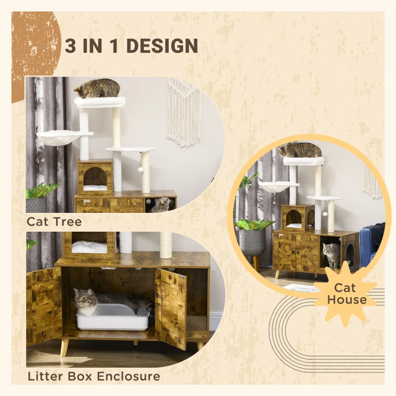 PawHut Cat Tree with Litter Box Enclosure,  2-in-1 Cat Tower Litter Box Furniture Indoor, Cat Condo with Hammock, Scratching Posts Pad, Rustic Brown