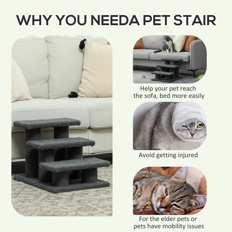 PawHut 3 Tier Pet Stairs Dog Cat Step Scratch Post Furniture,  Dark Grey