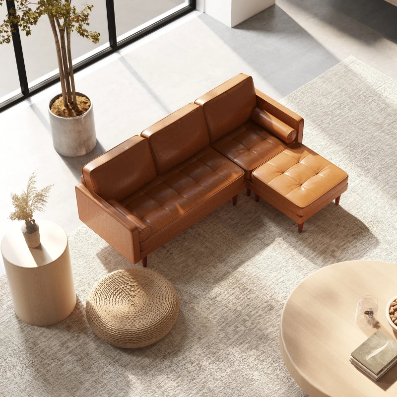 HOMCOM Faux Leather Sectional Sofa Couch L-Shaped Corner Sofa Set with Footstool and 2 Bolster Pillows, Brown