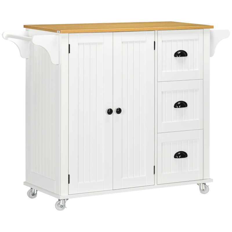 HOMCOM Modern Rolling Kitchen Island Cart with 3 Drawers Towel Rack Double Door Storage Cabinet White
