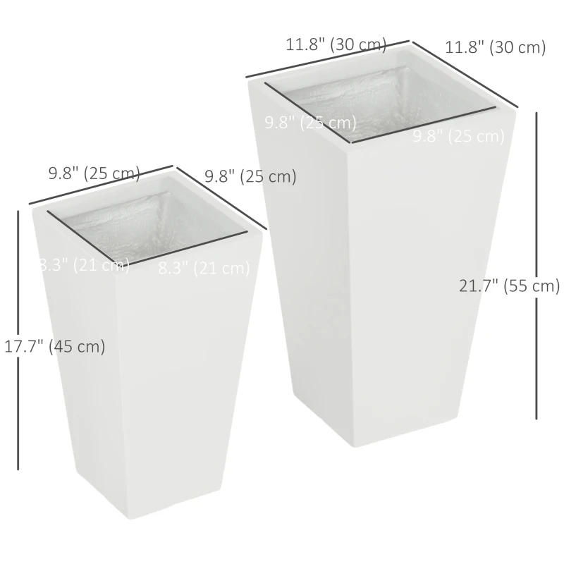 Outsunny Set of 2 Tall Planters with Drainage Holes, 22" / 18" Outdoor Flower Pots for Patio, Yard, Garden, White